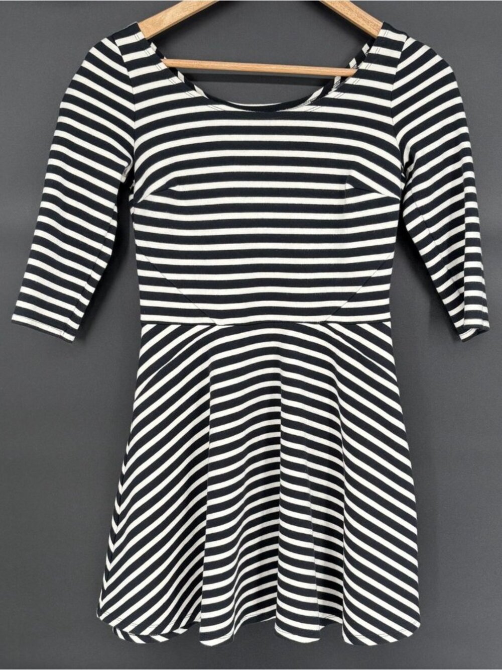 Hollister Women's Striped Skater Dress S Black White 3/4 Sleeve Mini Casual